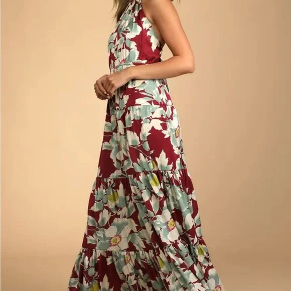 Lulu's Heat Wave Babe Burgundy Floral Print Tie-Back Tiered Maxi Dress - Picture 5 of 6